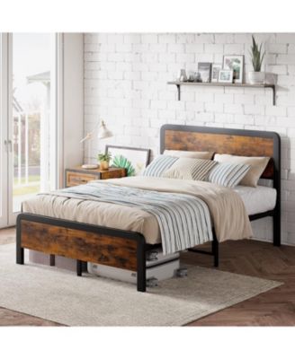 Metal Platform Bed Frame with Rustic Wood Headboard, No Box Spring Rustic Brown