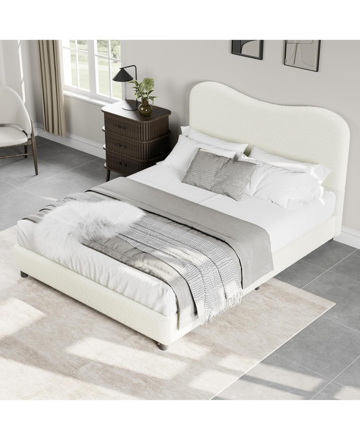 gaomon Senfot Full Boucle Platform Bed with Upholstered Headboard, Rounded Corners, Low-Profile Heavy-Duty Frame, Wood Slats