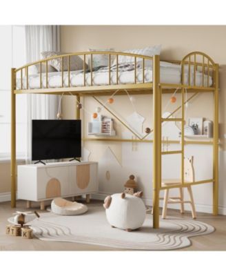 Twin Metal Loft Bed with Arched Guardrails & Safety Ladder, Space-Saving Heavy-Duty Steel Frame, No Box Spring Required
