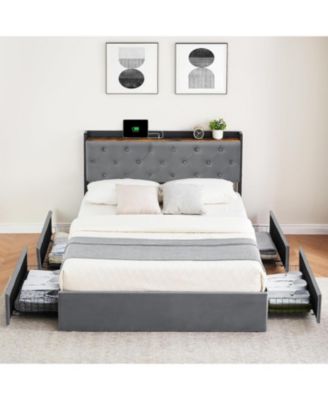 Upholstered Bed with Charging Station Headboard and 4 Drawers, Platform Mattress Foundation with Wooden Slats, No Box Spring Needed