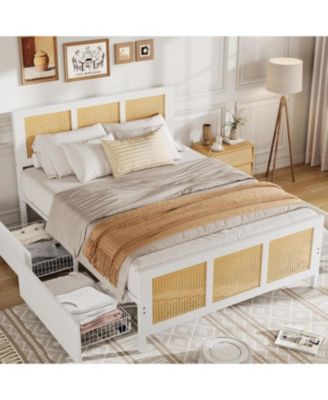Rattan Bed Frame with Headboard, Boho Cane Platform Bed with 4 Drawers, Sturdy Metal Slats, Noise-Free, No Box Spring Needed