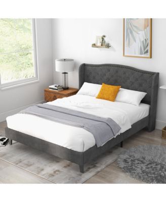 Queen Upholstered Platform Bed Frame w/ Button Tufted Headboard Noise-free