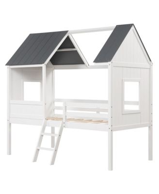Twin Low House Bed Wooden Loft Bed with Ladder Roof Windows Slatted Support