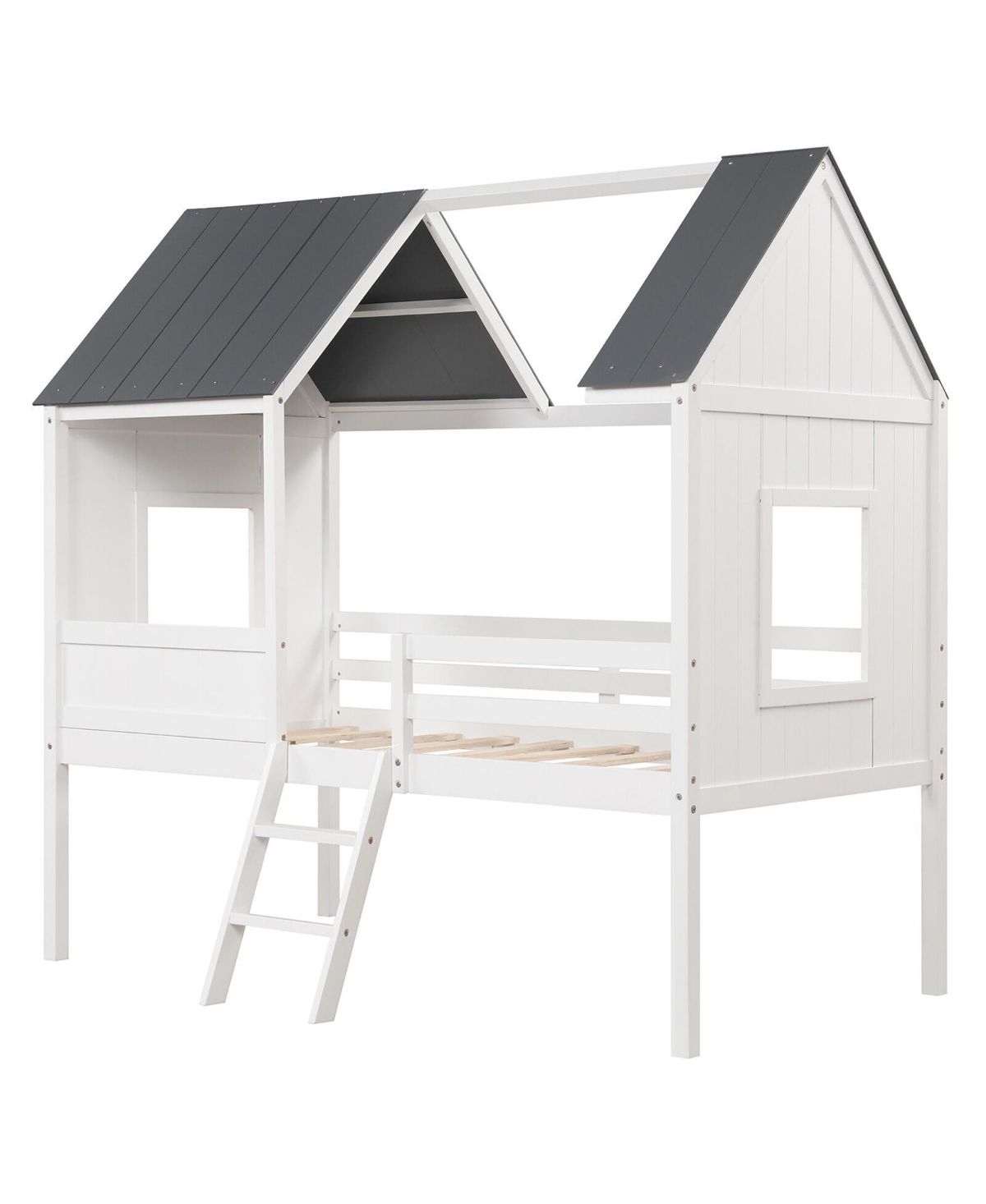 Gymax Twin Low House Bed Wooden Loft Bed with Ladder Roof Windows Slatted Support