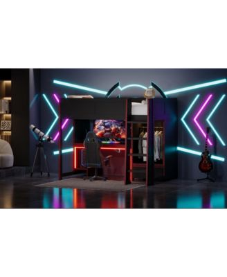 Black Wood Twin Size Loft Bed with BuiltIn Desk Wardrobe and Storage Drawer LED Lighting Space Saving Furniture for Kids and Teens Bedrooms