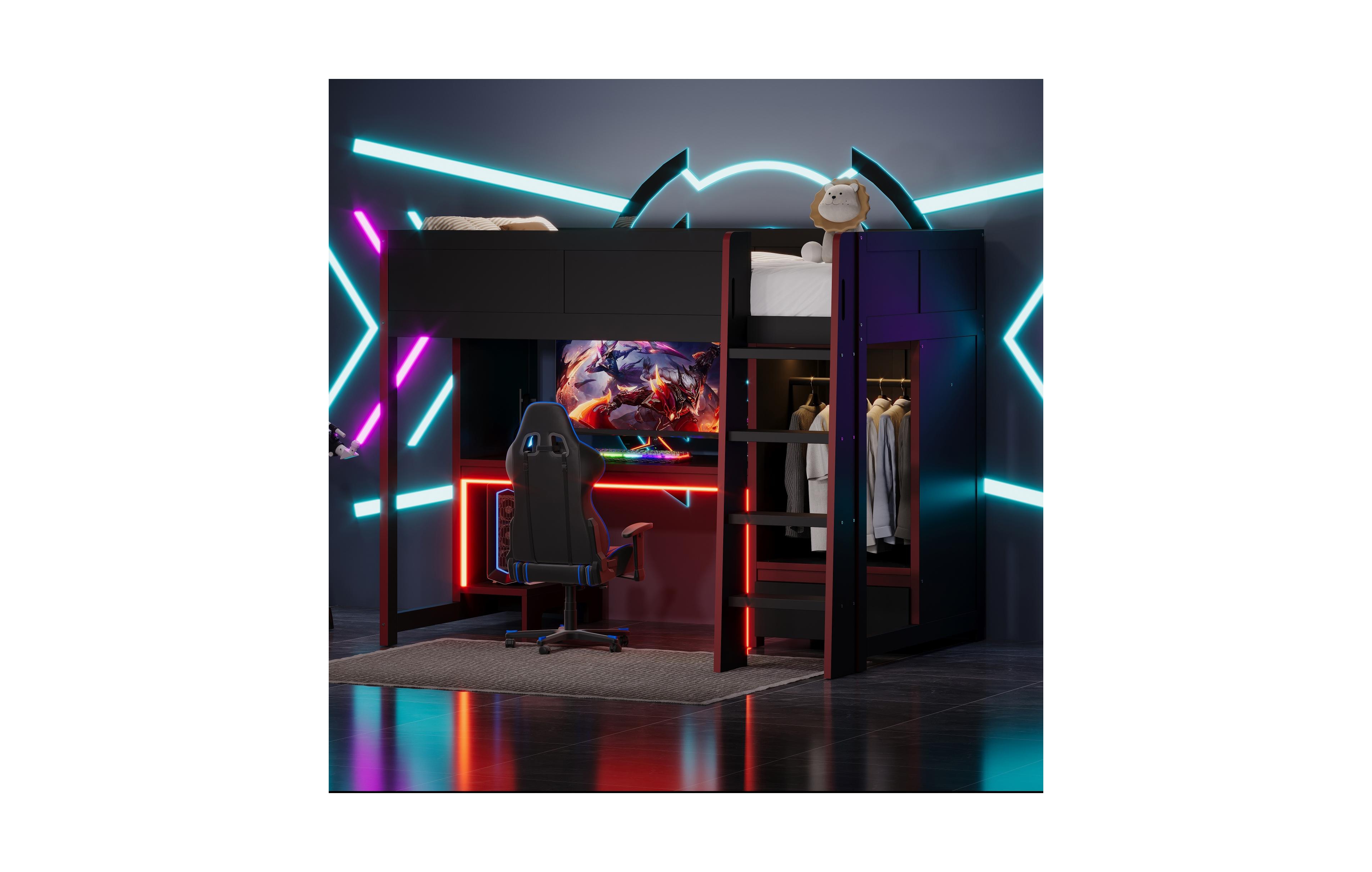 Flynama Black Wood Twin Size Loft Bed with BuiltIn Desk Wardrobe and Storage Drawer Led Lighting Space Saving Furniture for Kids and Teens Bedrooms