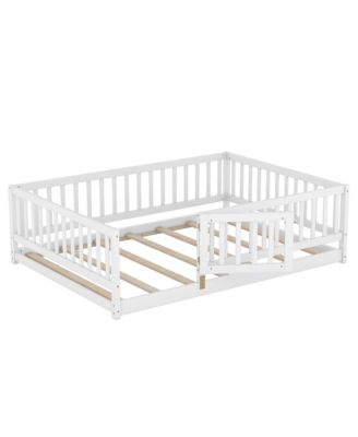 Pine Wood Full Size Floor Bed with Slats, Fence and Door, Montessori Floor Bed for Kids, Girls, Boys