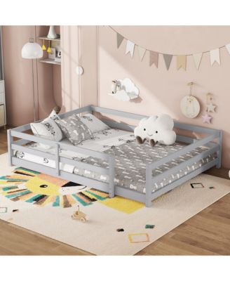Grey Wood Full Size Kids Floor Bed Kids Montessori Floor Bed with Fence for Girls, Boys