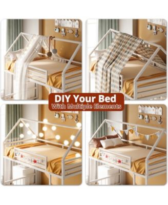 Bunk Bed Twin Over Twin with Ladder and Guardrail, House Shaped with Metal Slats for Dormitory and Bedroom