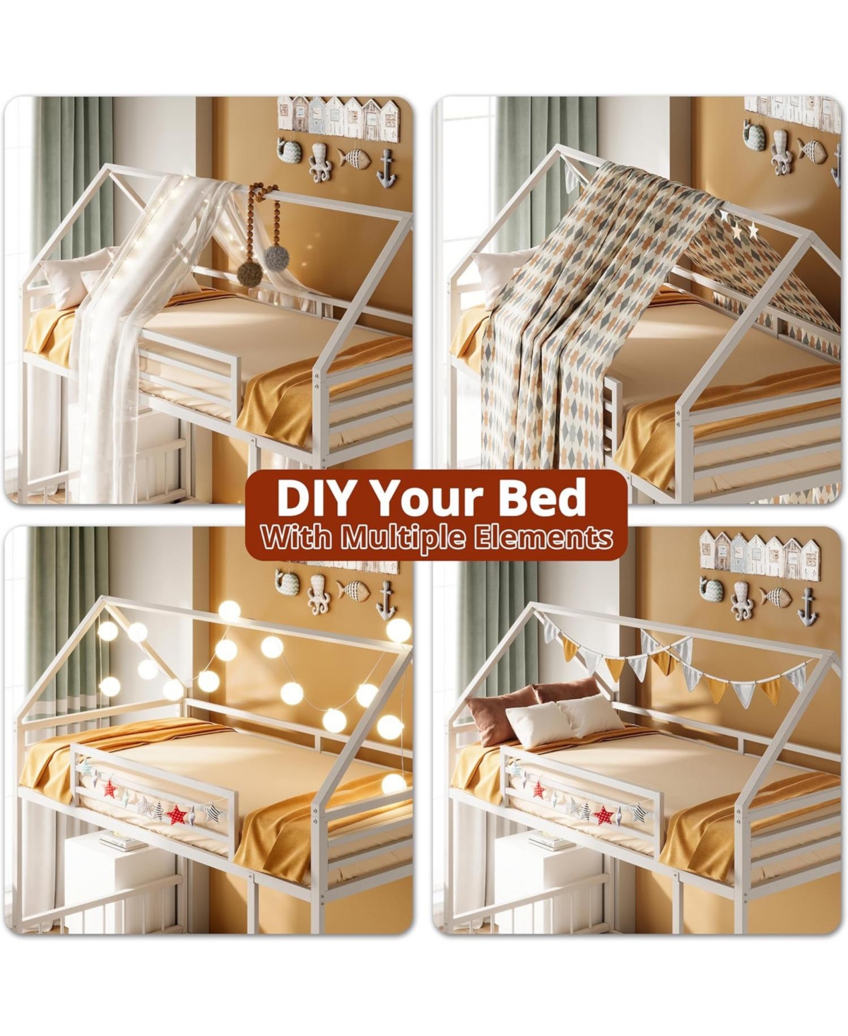 Likimio Bunk Bed Twin Over Twin with Ladder and Guardrail, House Shaped with Metal Slats for Dormitory and Bedroom