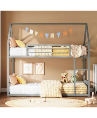 Bunk Bed Twin Over Twin, House Bunk Bed Frame with Ladder and Guardrail, House Shaped with Metal Slats for Dormitory and Bedroom