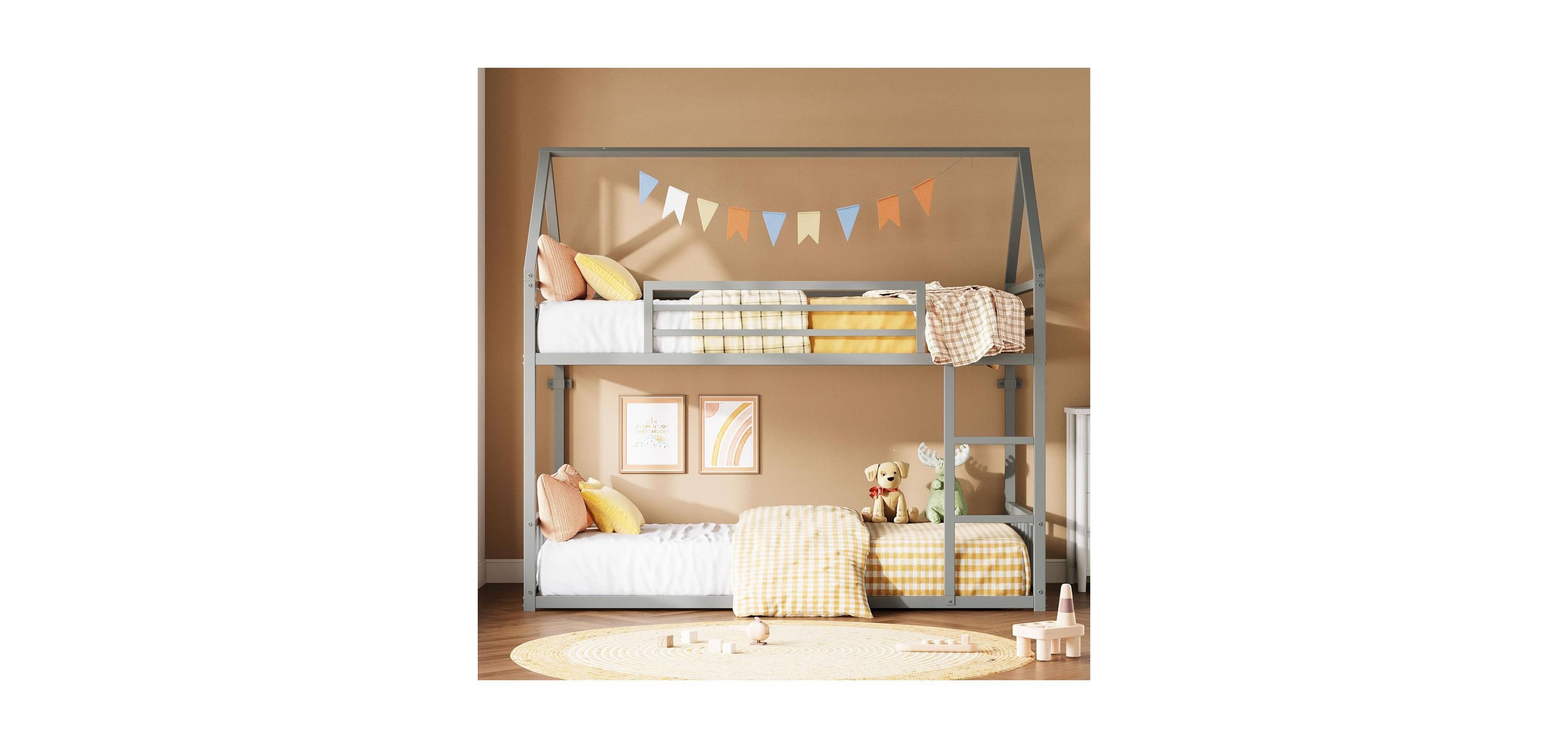 Likimio Bunk Bed Twin Over Twin, House Bunk Bed Frame with Ladder and Guardrail, House Shaped with Metal Slats for Dormitory and Bedroom