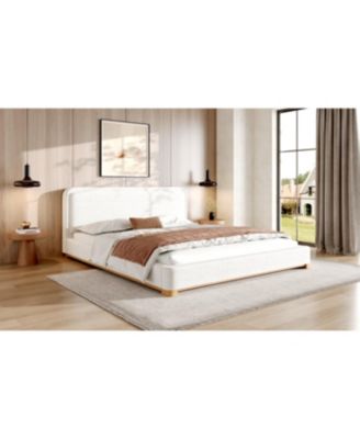 King Size Boucle Upholstered Curved Headboard Bed Frame, White