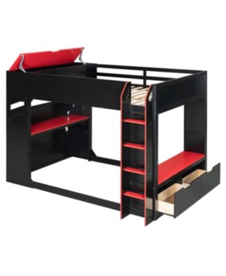 Full Size Wood Loft Bed with Adjustable Desk, Drawers, Storage, RGB Lights,