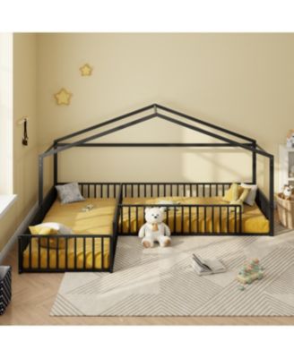 Streamdale Metal L-Shaped Montessori House Bed Frame for 2 Kids, Black