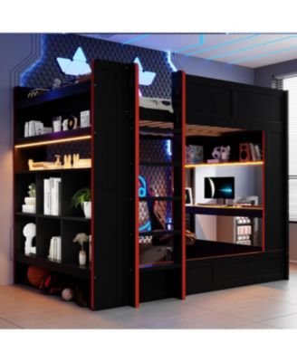 Wood Gaming Bunk Bed with Desk, Storage, LED & Charging Station