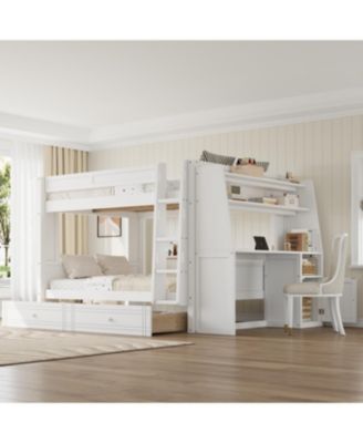 Full size Multifunctional Bunk Bed with Desk and Bookshelves, Drawers, Gray