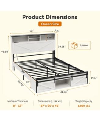 Farmhouse Queen Storage Bed Frame with Charging Station & LED Lights, White
