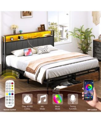Upholstered Platform Bed Frame with Storage, USB Ports, Headboard