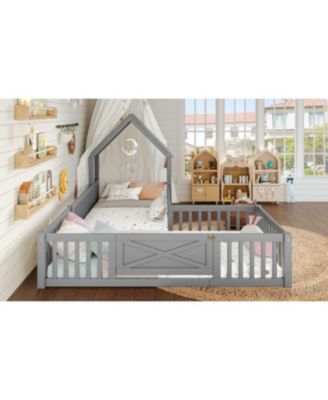 Streamdale Twin Size House Floor Bed with Door and Guardrails, Grey