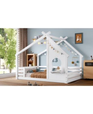Full House Floor Bed with Window & Shelf, Solid Wood, White