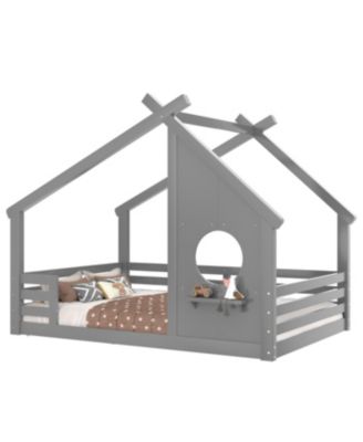  Full House Floor Bed with Window & Shelf, Solid Wood, Grey