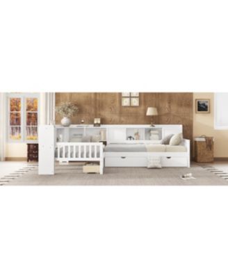 L-shaped Twin Platform Bed with Trundle, Storage Drawers & Shelves, White