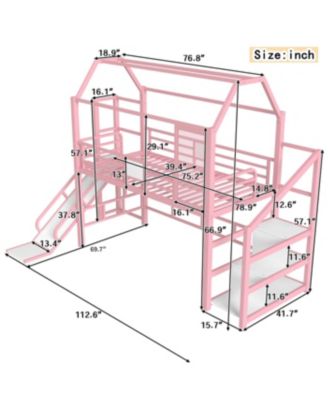 Twin Loft Bed with Slide, Stairs, Storage Shelves & Roof - Pink