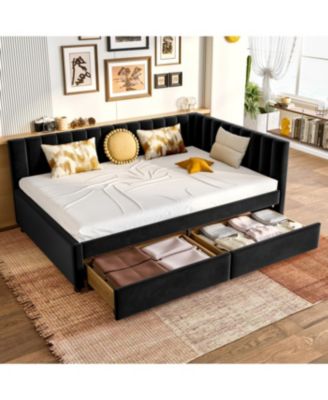 Upholstered Daybed with Storage Drawers & L-Shaped Headboard