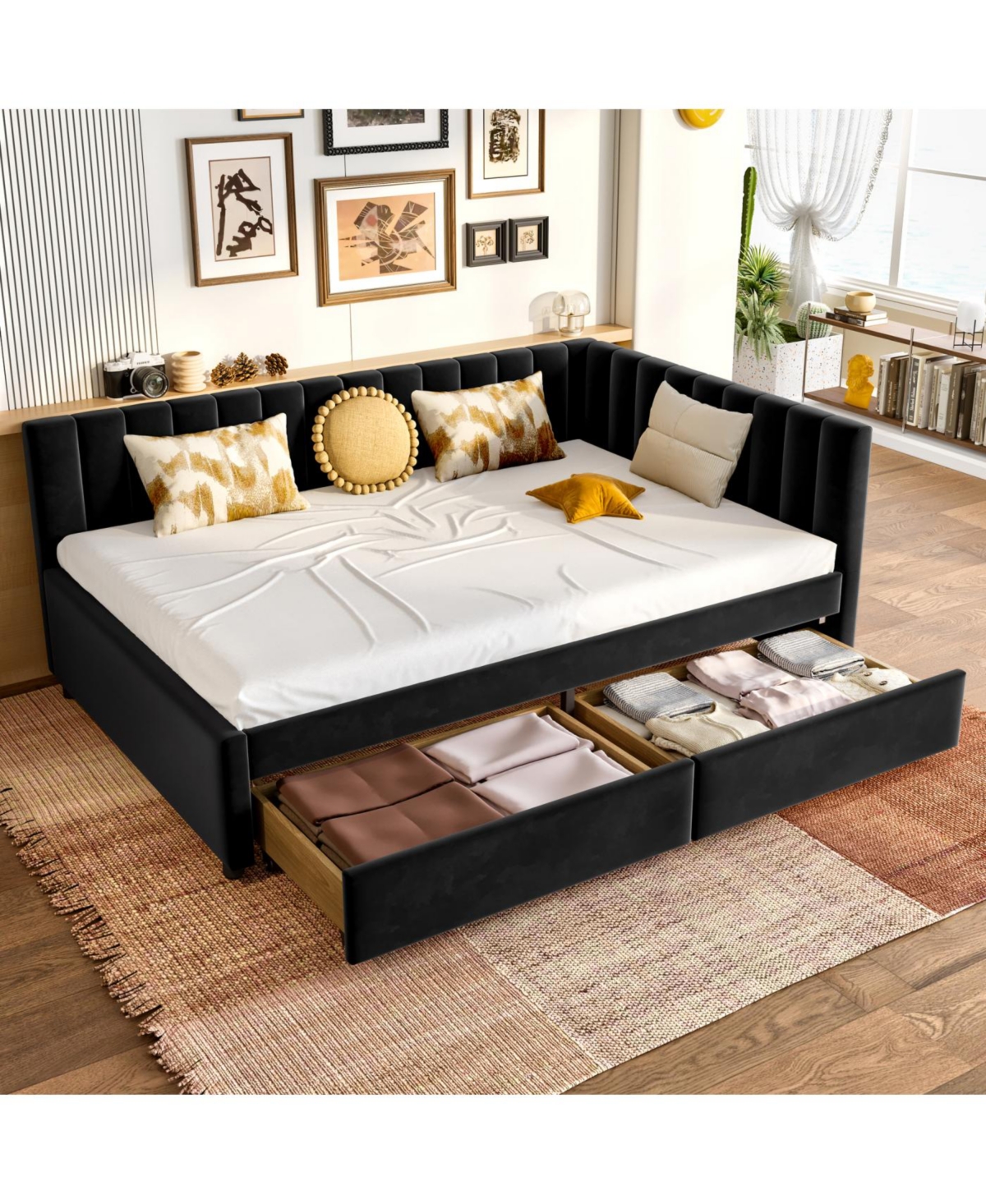 Streamdale Furniture Upholstered Daybed with Storage Drawers & L-Shaped Headboard