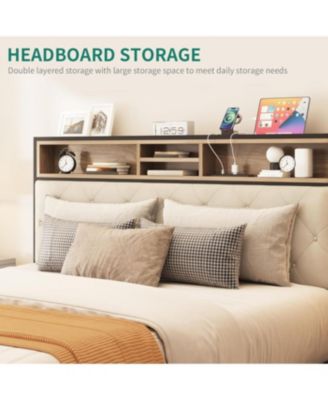 Queen Size Upholstered Platform Bed Frame with Charging Station - Beige