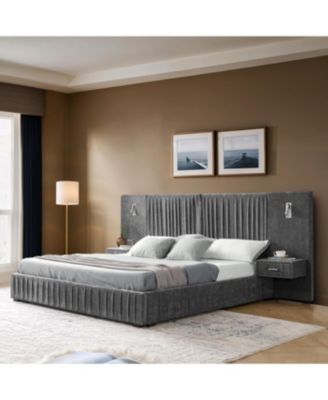 Queen Size Chenille Upholstered Bed Frame with Pleated Design - Dark Grey