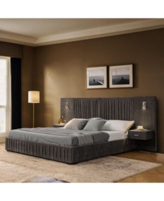 Queen Size Chenille Upholstered Bed Frame with Pleated Design - Dark Grey