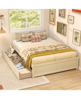 Wooden Platform Bed with 2 Rolling Storage Drawers Wood Slat Support - Full