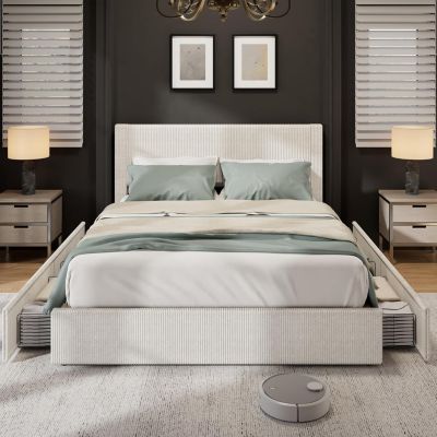 Size Platform Bed Frame with Tufted Wingback Headboard, Corduroy Upholstered Bed
