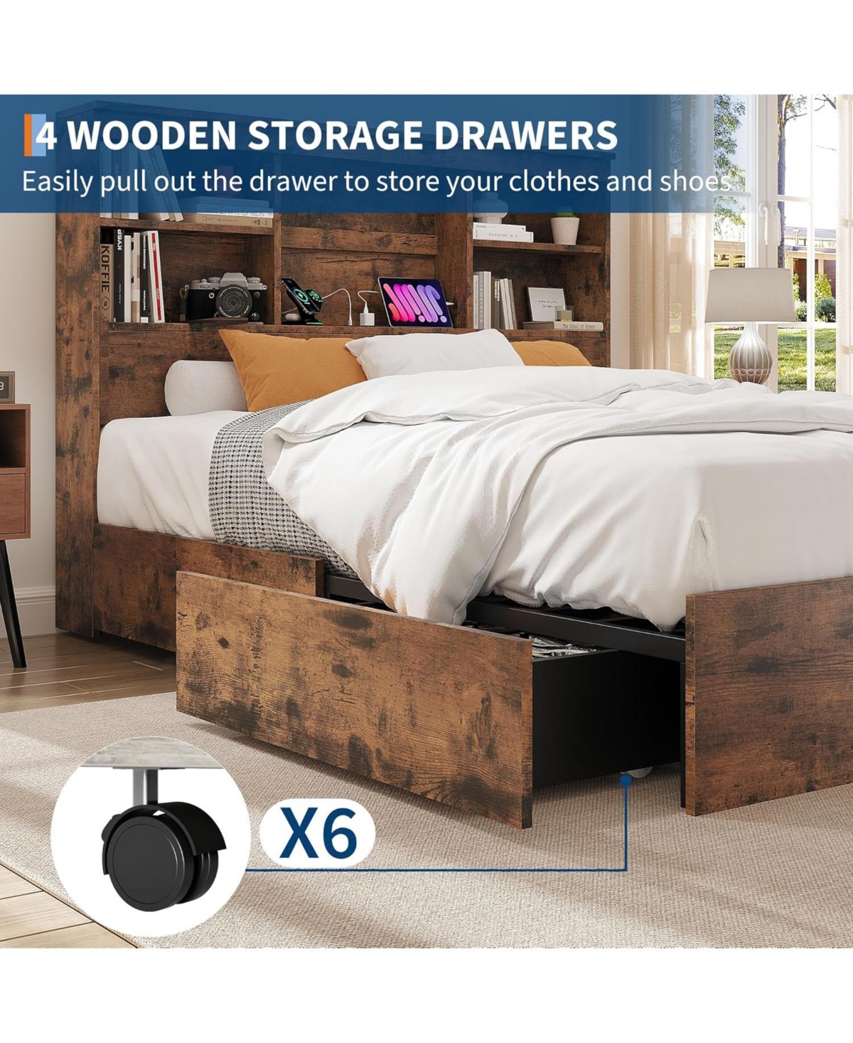 Gaomon Wood Bed Frame with Bookcase Headboard, 4 Storage Drawers, Built-in Charging Station & Metal Frame – No Box Spring Needed