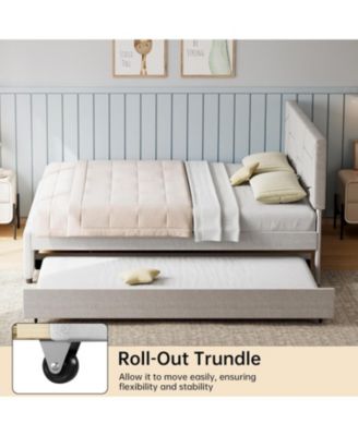 Twin/Full Trundle Bed Frame with Upholstered Headboard, Pull-Out Platform & Wood Slats for Bedroom or Guest Room