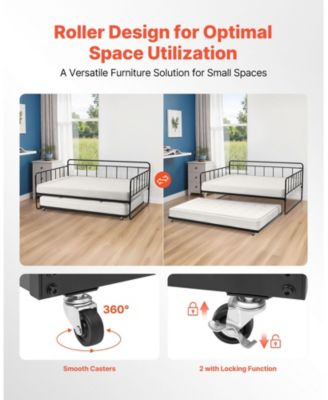 Metal Day Bed Frame with Trundle and Sturdy Slats for Bedroom