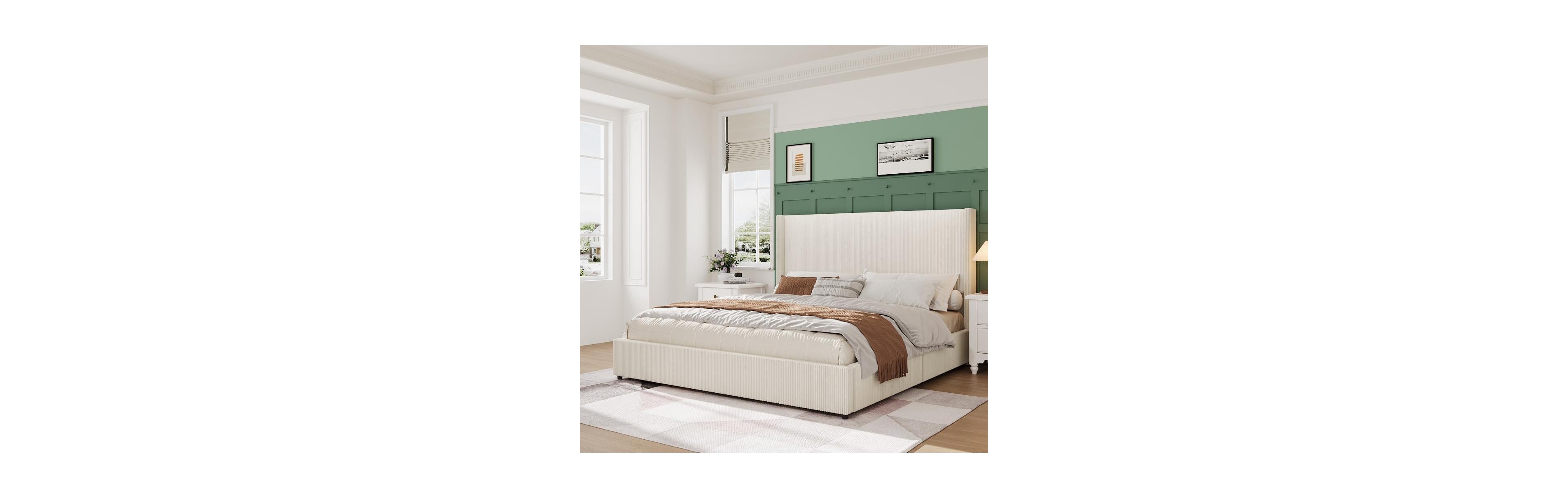Gaomon Queen Size Upholstered Platform Bed Frame with Storage Drawers, Corduroy Wingback Tufted Headboard & Footboard, Beige
