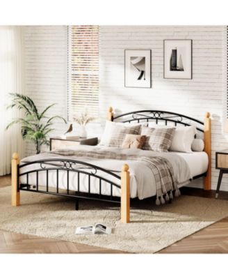 Queen Size Metal with Victorian Iron Art Headboard & Footboard and Steel Slats Platform Bed Frame