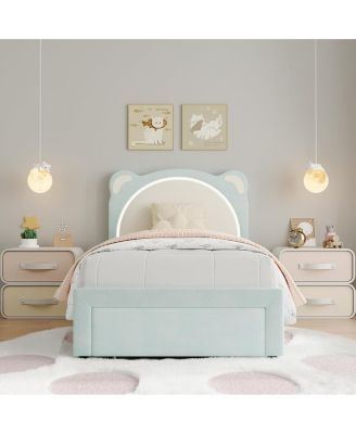 Twin Kids Upholstered Platform Bed Frame with Adjustable Headboard, Drawer, LED Light, Wood Slats, No Box Spring