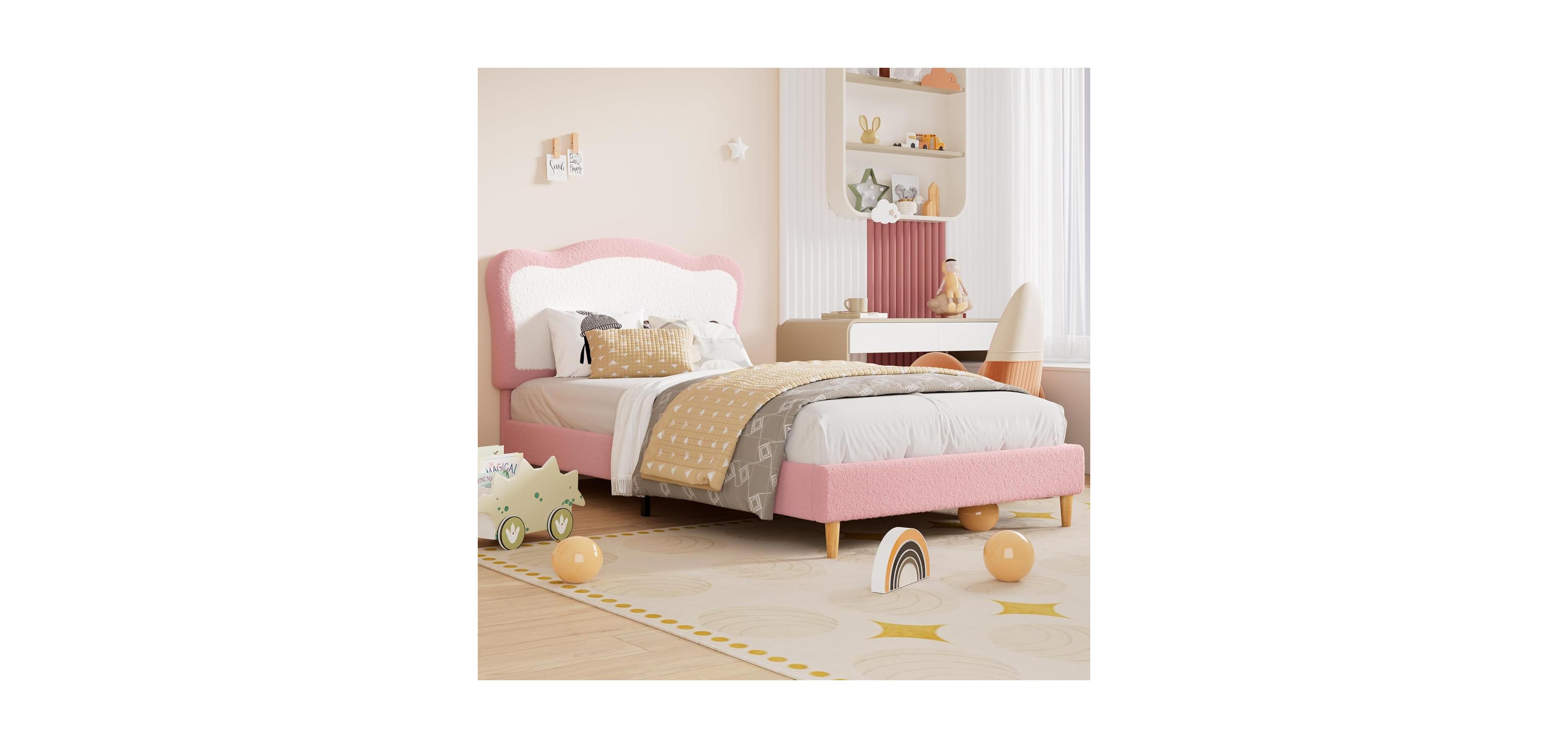 gaomon Twin Size Kids Upholstered Bed Frame with Scallop Velvet Headboard, Sturdy Slats, Noise-Free, Pink & White
