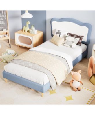 Twin Size Kids Upholstered Bed Frame with Scallop Velvet Headboard, Sturdy Slats, Noise-Free, Blue & White
