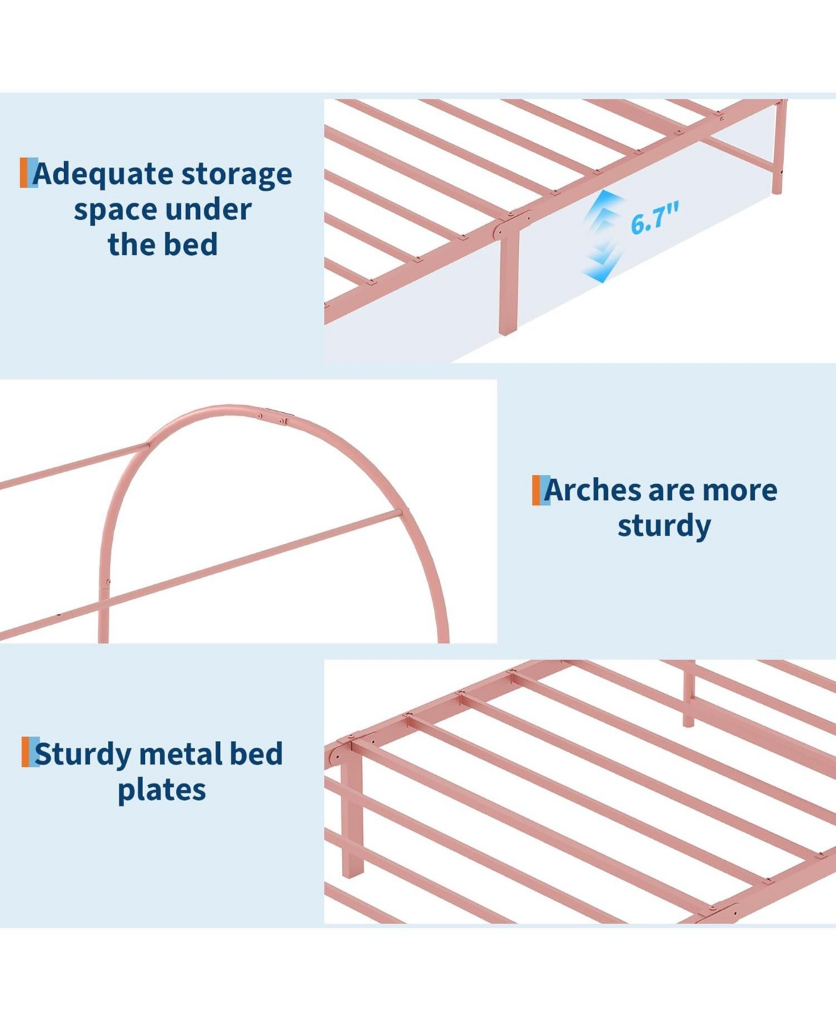 Twin Size Canopy Bed Frame with Upholstered Headboard, Underbed Storage, Decorative Arched Metal, Pink