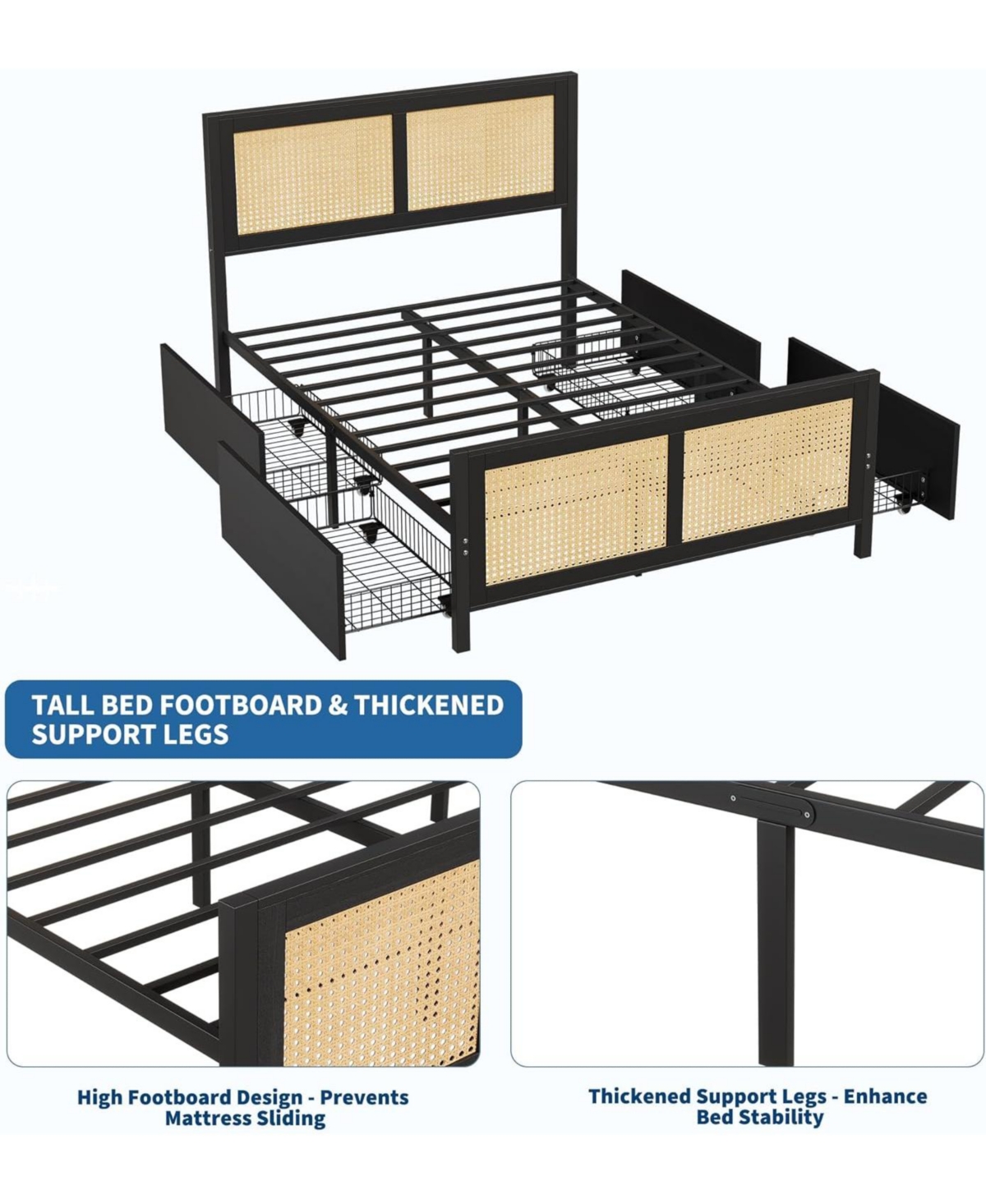 gaomon King Size Rattan Accent Storage Bed with 4 Drawers, Woven Front, Led Lights, Black Mdf Frame