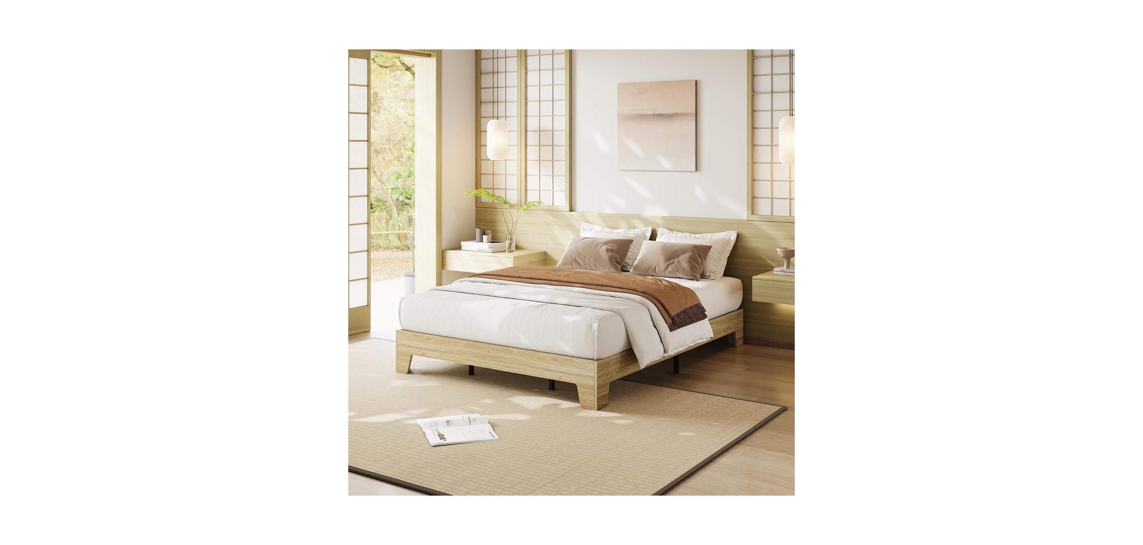 gaomon Queen Platform Bed Frame with Underbed Storage 10.24" Clearance Wood & Metal Slats No Headboard No Box Spring Gold