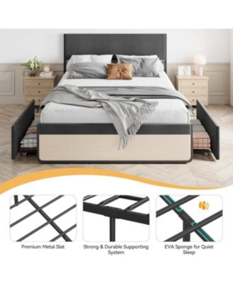Full Upholstered Bed Frame with Headboard 2 Storage Drawers Metal Slats No Box Spring Noise Free