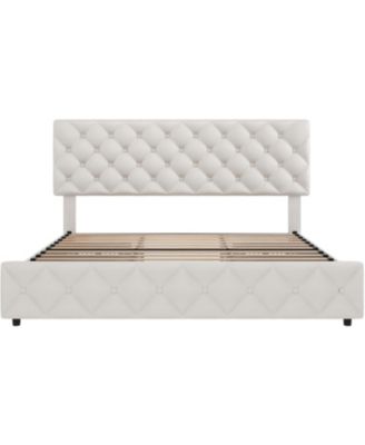 King Size Platform Bed Frame Adjustable Headboard 4 Drawers Modern Grey Upholstered with Footboard Wood Slats