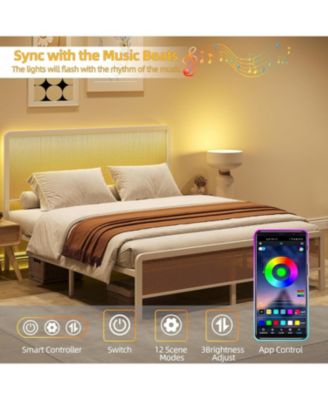 Queen Size White Rattan Bed Frame with Headboard Boho Platform LED Lights Metal Slats Noise-Free