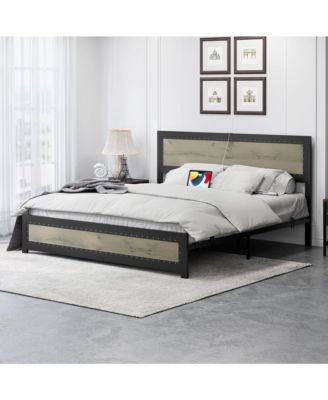 King Bed Frame Industrial Platform with Charging Station Headboard Metal Slats Easy Assembly Washed Grey